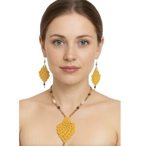 Hand Crafted Boho Pineapple Crochet Earrings Knit Necklace Set Summer Accessory